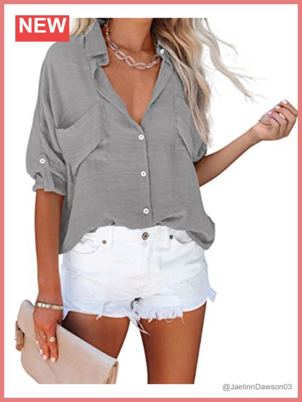 Womens V-Neck Button Down Shirt Long Roll Up Sleeve Loose Blouse with Pockets